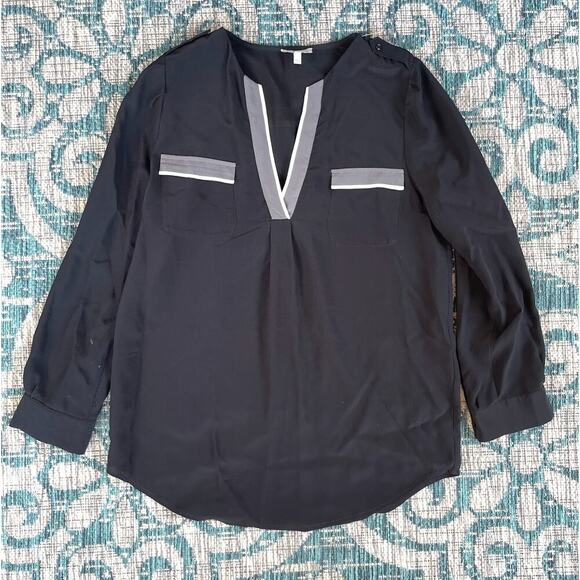 Joie 'Mystic' Black Silk Blouse - Contrast Trim V-Neck Long Sleeve Shirt - Picture 2 of 10